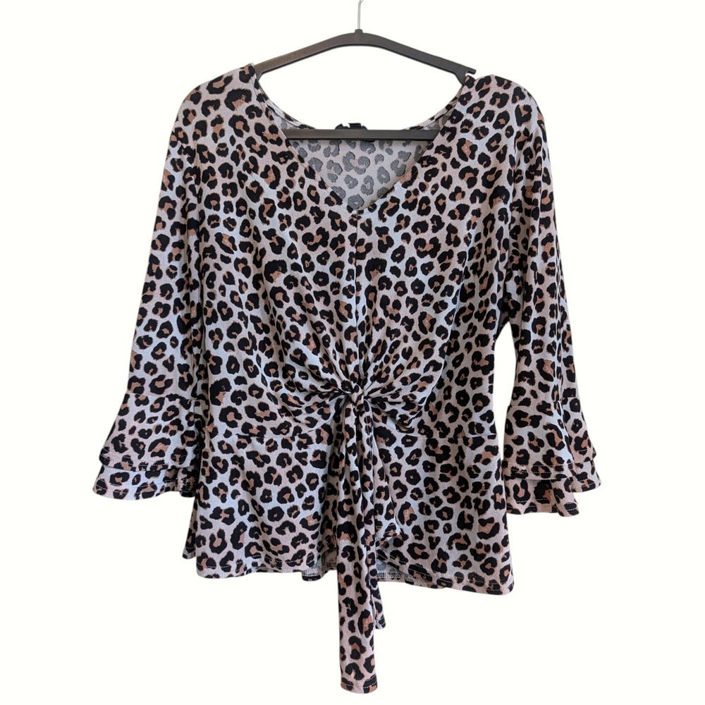 Fifty Street Leopard Tie Front Bell Sleeve Blouse